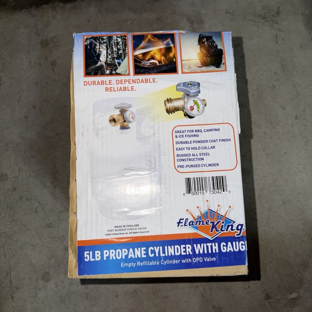 Flame King 5 lb Propane Cylinder W/ Gauge Refillable w/ OPD Valve New And Sealed
